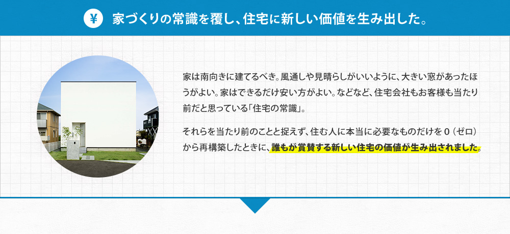 【家づくりの常識を覆し、住宅に新しい価値を生み出した。】家は南向きに建てるべき。風通しや見晴らしがいいように、大きい窓があったほうがよい。家はできるだけ安い方がよい。などなど、住宅会社もお客様も当たり前だと思っている「住宅の常識」。それらを当たり前のことと捉えず、住む人に本当に必要なものだけを0（ゼロ）から再構築したときに、誰もが賞賛する新しい住宅の価値が生み出されました。