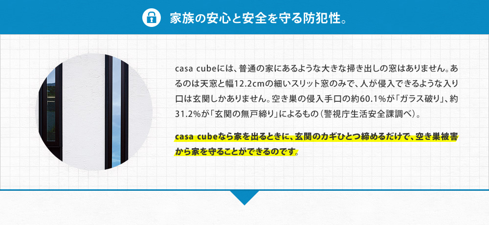 【家族の安心と安全を守る防犯性。】casa cubeには、普通の家にあるような大きな掃き出しの窓はありません。あるのは天窓と幅12.2cmの細いスリット窓のみで人が侵入できるような入口は玄関しかありません。空き巣の侵入手口の約60.1％が「ガラス破り」、約31.2％が「玄関の無戸締まり」によるもの。（警察庁生活安全課調べ）。casa cube なら家を出るときに、玄関のカギ１つ締めるだけで、空き巣被害から家を守ることができるのです。