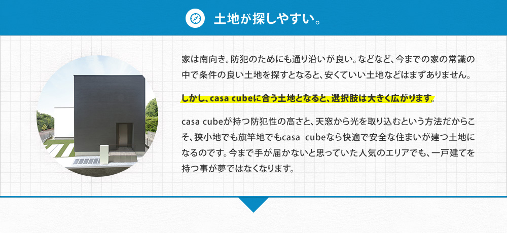 【土地が探しやすい。】家は南向き。防犯のためにも通り沿いが良い。などなど、今までの家の常識の中で条件の良い土地を探すとなると、安くていい土地などはまずありません。しかし、casa cubeに合う土地となると、選択肢は大きく広がります。casa cubeが持つ防犯性の高さと、天窓から光を取り込むという方法だからこそ、狭小地でも旗竿地でもcasa cubeなら快適で安全な住まいが建つ土地になるのです。今まで手が届かないと思っていた人気のエリアでも、一戸建てを持つ事が夢ではなくなります。